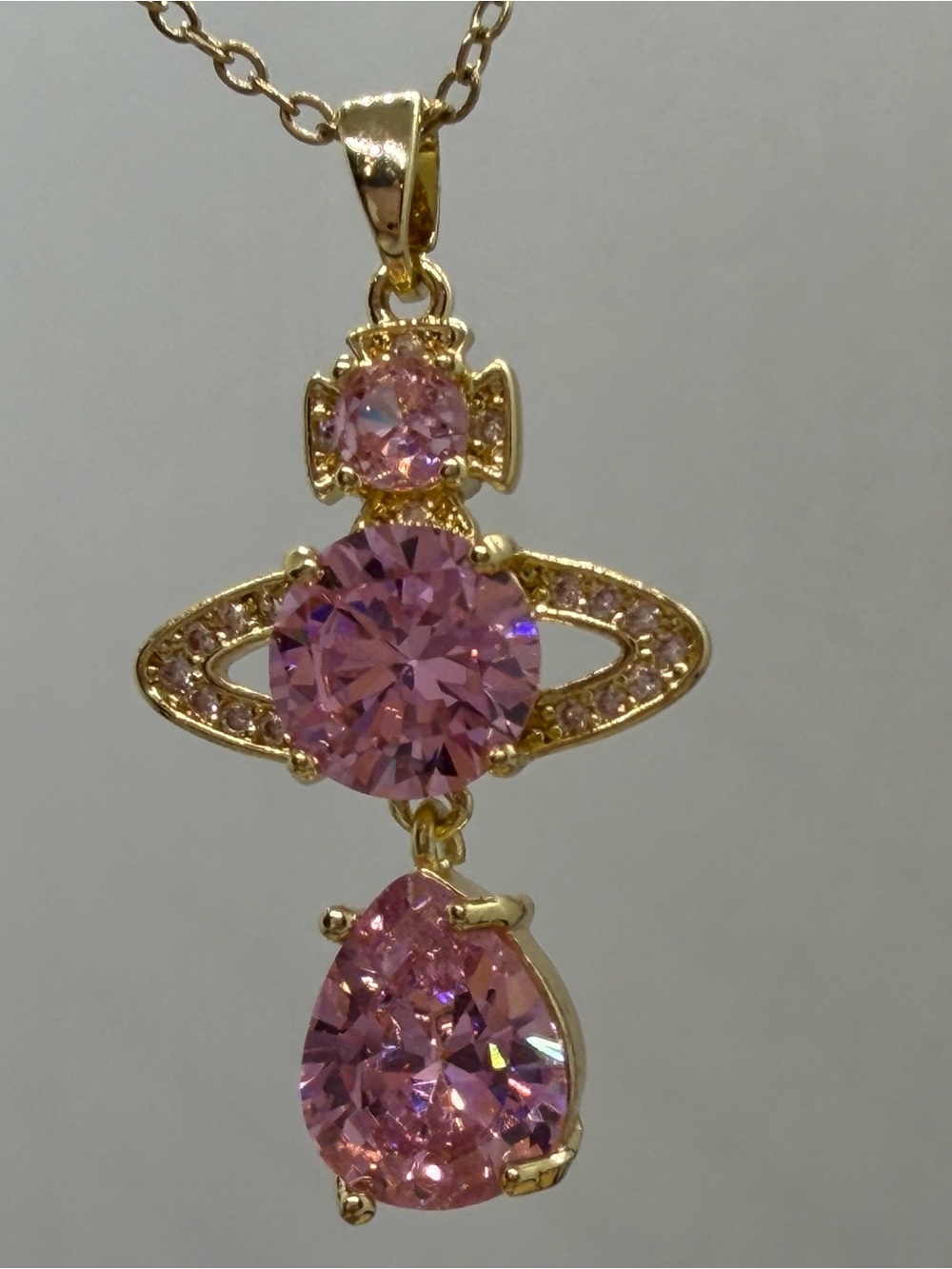 Gold-Tone Pink Crystal Orb and Teardrop Pendant Necklace